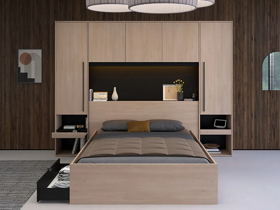 Pont de lit avec rangements - Avec LEDs - L265 cm - Coloris : Naturel et noir - VELONA