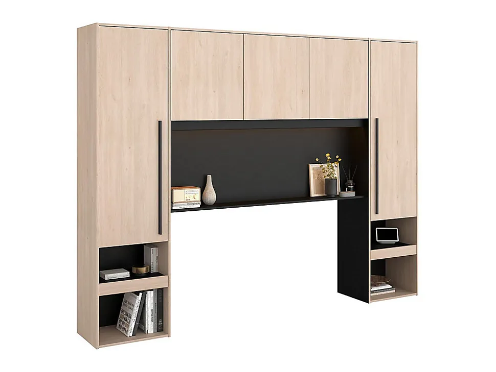 Pont de lit avec rangements - Avec LEDs - L265 cm - Coloris : Naturel et noir - VELONA