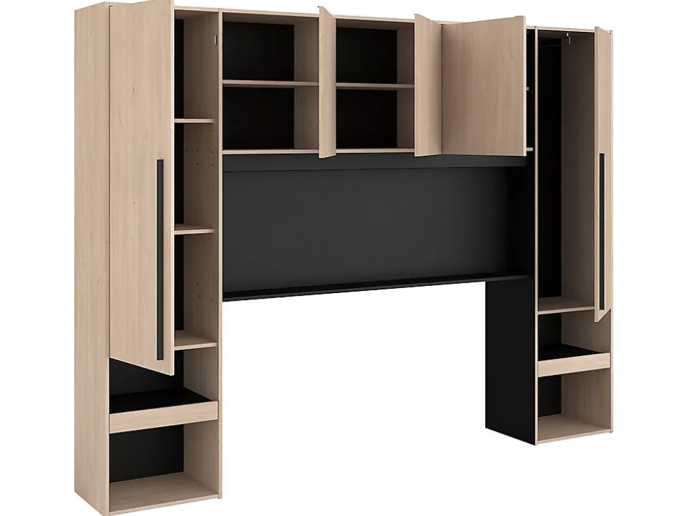 Pont de lit avec rangements - Avec LEDs - L265 cm - Coloris : Naturel et noir - VELONA