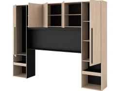 Pont de lit avec rangements - Avec LEDs - L265 cm - Coloris : Naturel et noir - VELONA