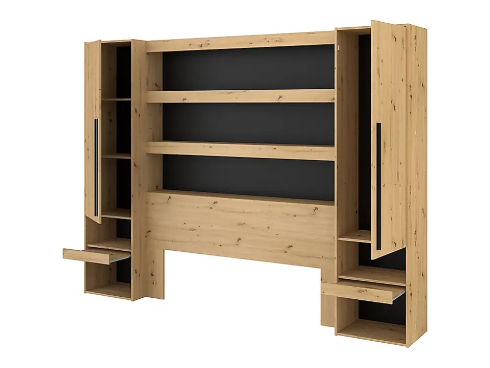 Pont de lit avec rangements et LEDs - L269 cm - Coloris : Naturel et noir - VARLY