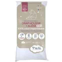 Protège Matelas Bébé 2 en 1 - Alèse + Drap Housse - 100% Coton - Imperméable et Respirant - Silencieux - Oeko Tex - Blanc