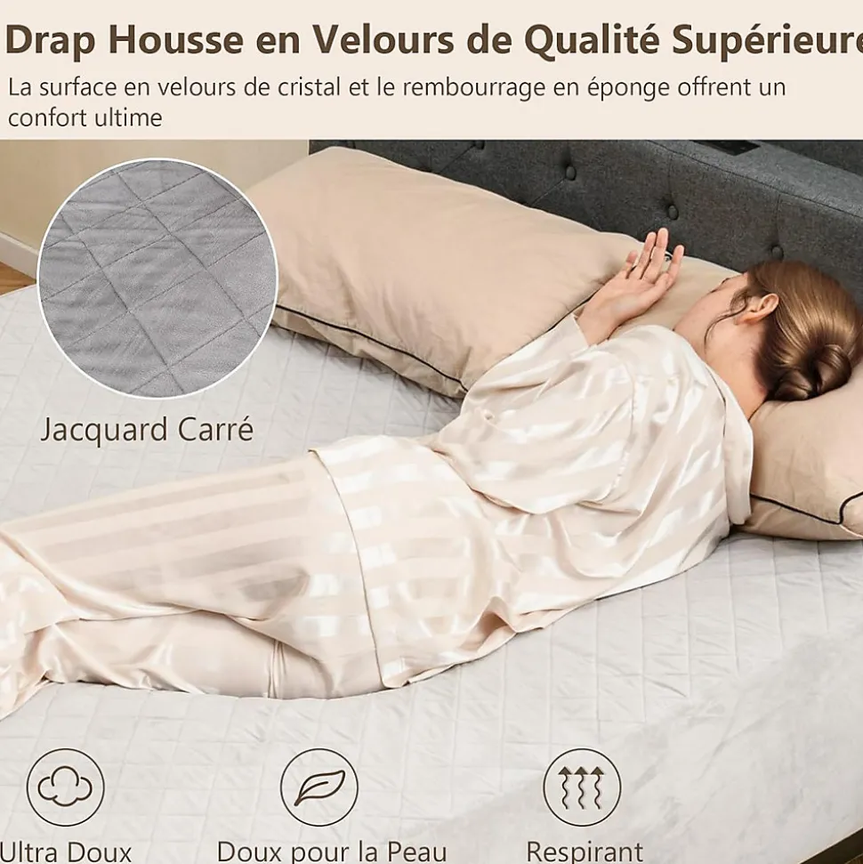 Protège Matelas Housse de Lit Douce en Polyester Cristal Poche Profonde Dessous Antidérapant 140 X 200 CM Gris