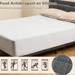Protège Matelas Housse de Lit Douce en Polyester Cristal Poche Profonde Dessous Antidérapant 90 X 200 CM Gris
