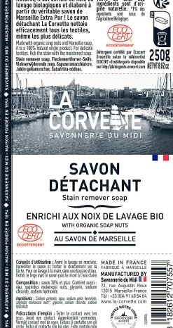 Savon de Marseille détachant enrichi aux noix de lavage bio La Corvette Savonnerie du midi 250g