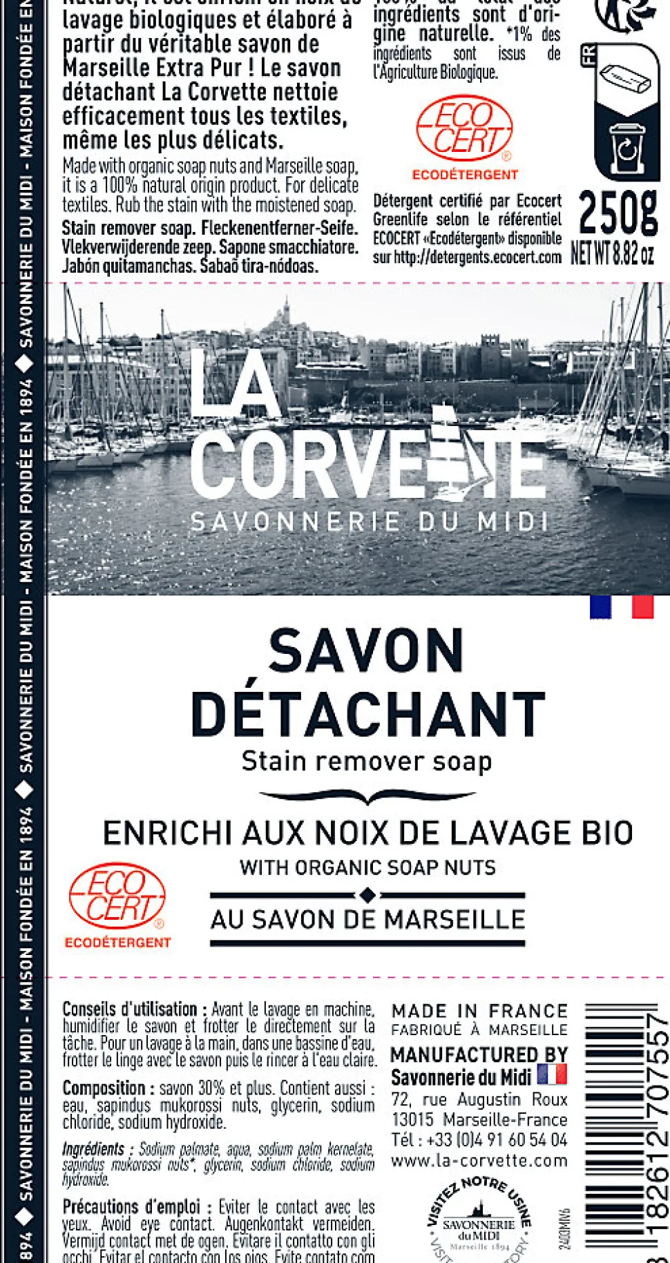 Savon de Marseille détachant enrichi aux noix de lavage bio La Corvette Savonnerie du midi 250g