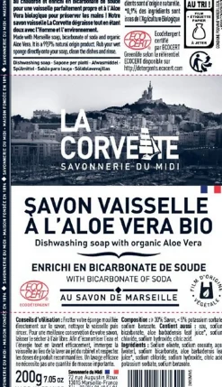 Savon vaisselle à l'aloe vera bio au savon de Marseille La Corvette Savonnerie du midi 200 g