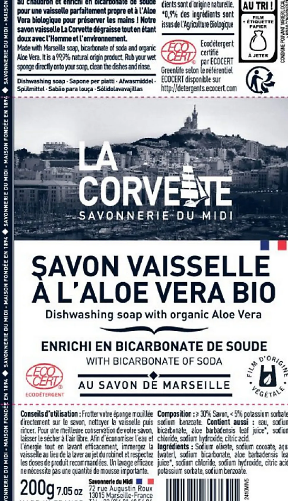 Savon vaisselle à l'aloe vera bio au savon de Marseille La Corvette Savonnerie du midi 200 g