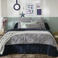 SOIZIC - Chemin de Lit 90x200cm Gaze de Coton Imprimé Bleu-Violet Imprimé Fleurs