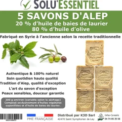 Solu Essentiel - Savon d Alep - 20% huile de baies de laurier - 80% huile d olive - Savon de 200g - lot de 5