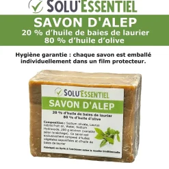 Solu Essentiel - Savon d Alep - 20% huile de baies de laurier - 80% huile d olive - Savon de 200g - lot de 5
