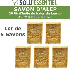 Solu Essentiel - Savon d Alep - 20% huile de baies de laurier - 80% huile d olive - Savon de 200g - lot de 5