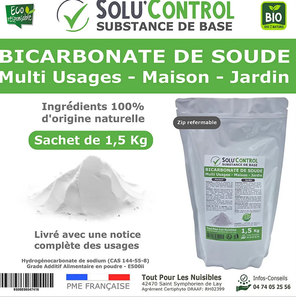 SOLU'CONTROL - 1,5 Kg de Bicarbonate de Soude Multi Usages, Maison et Jardin, 100% Naturel, Sachet Zip refermable