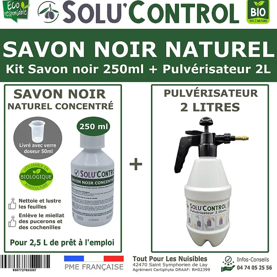 SOLU'CONTROL - Kit complet Savon Noir Naturel Concentré UAB 250 ml + Pulvérisateur de 2 L - Nettoyant Feuilles et Enlève Miellat