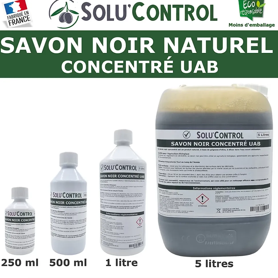 SOLU'CONTROL - Kit complet Savon Noir Naturel Concentré UAB 250 ml + Pulvérisateur de 2 L - Nettoyant Feuilles et Enlève Miellat