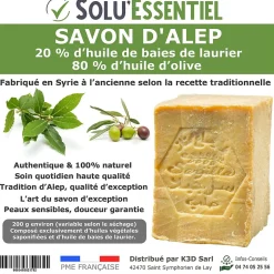 SoluEssentiel - Savon Alep 20% huile de baies de laurier 80% huile d'olive - Fabrication traditionnelle syrienne - Naturel