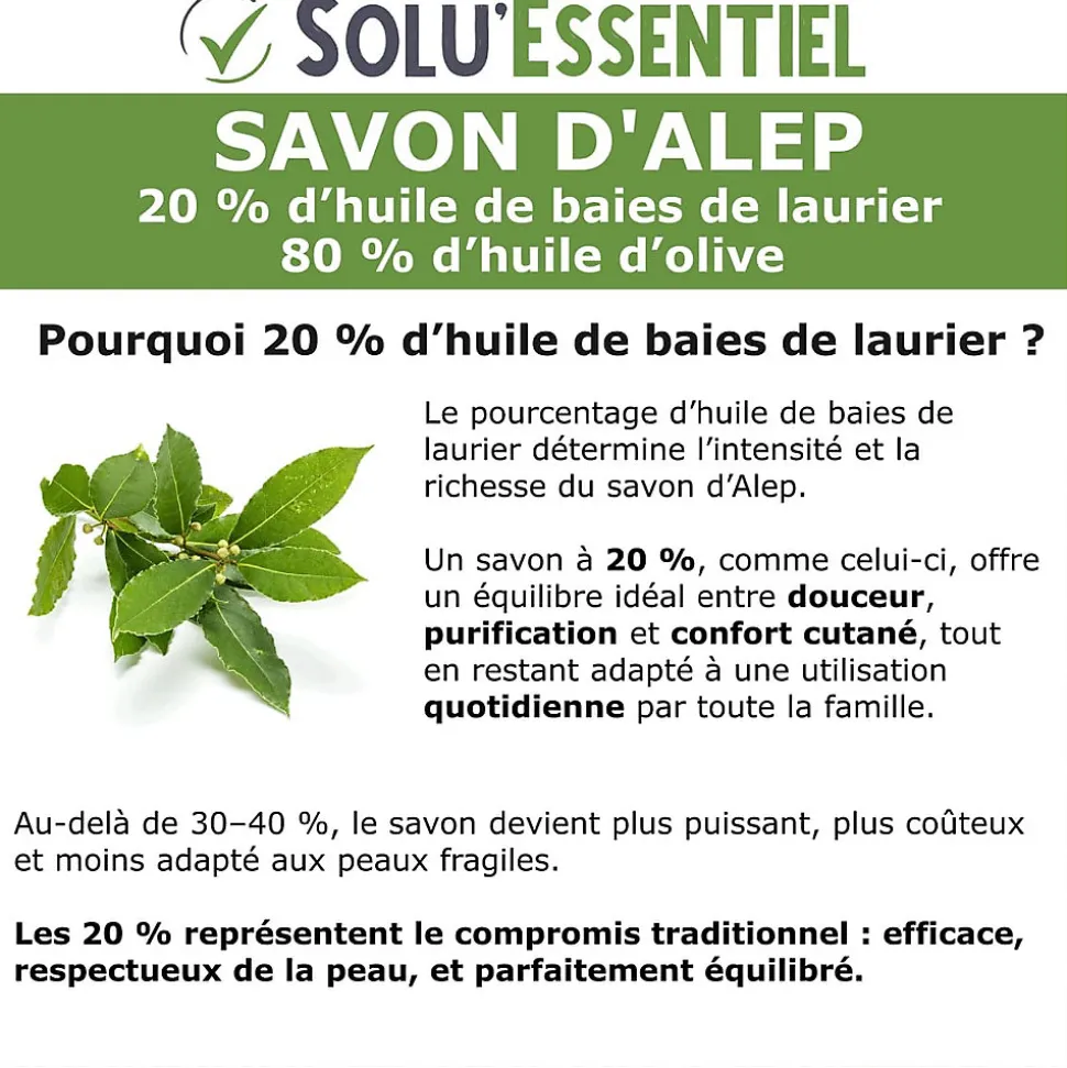 SoluEssentiel - Savon Alep 20% huile de baies de laurier 80% huile d'olive - Fabrication traditionnelle syrienne - Naturel