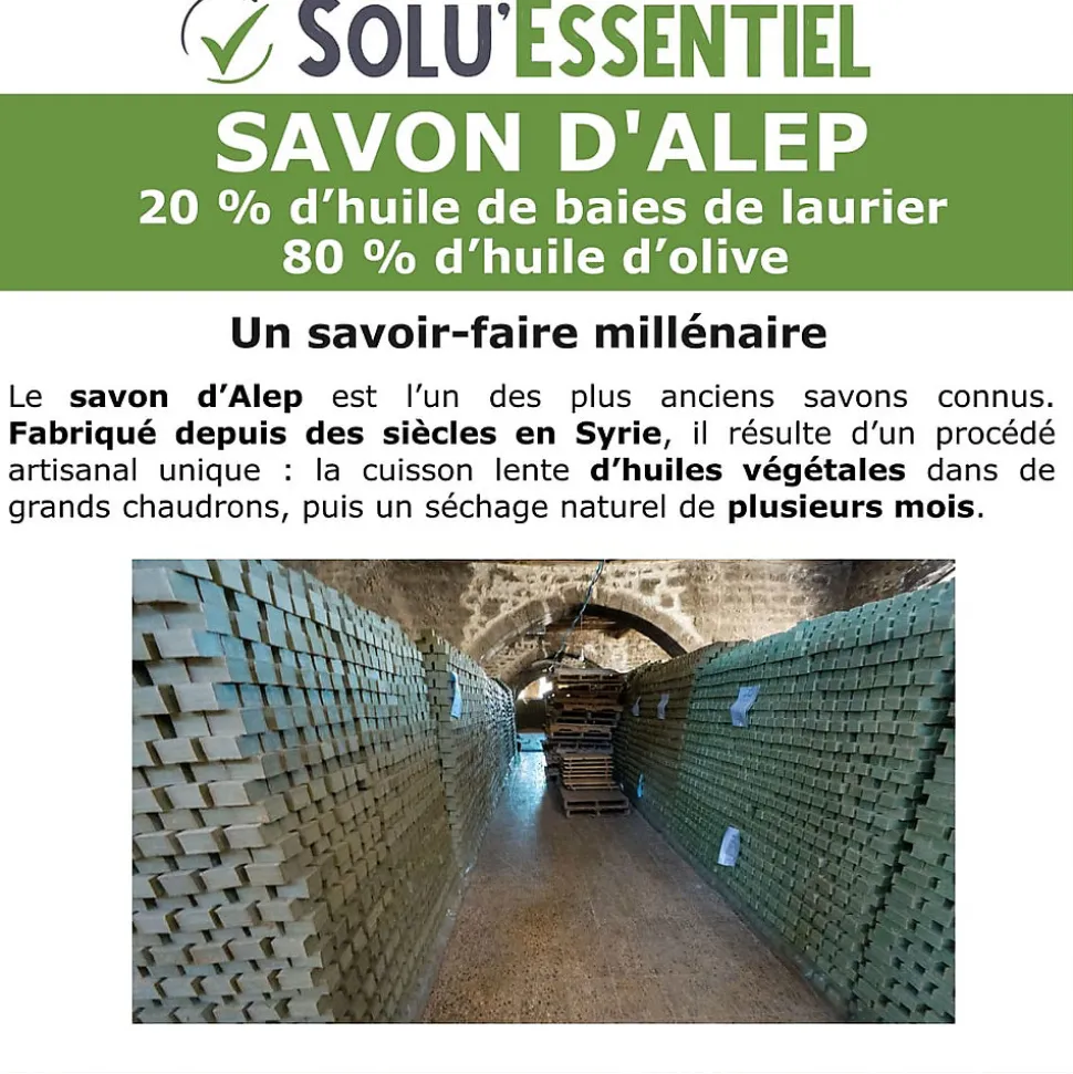 SoluEssentiel - Savon Alep 20% huile de baies de laurier 80% huile d'olive - Fabrication traditionnelle syrienne - Naturel