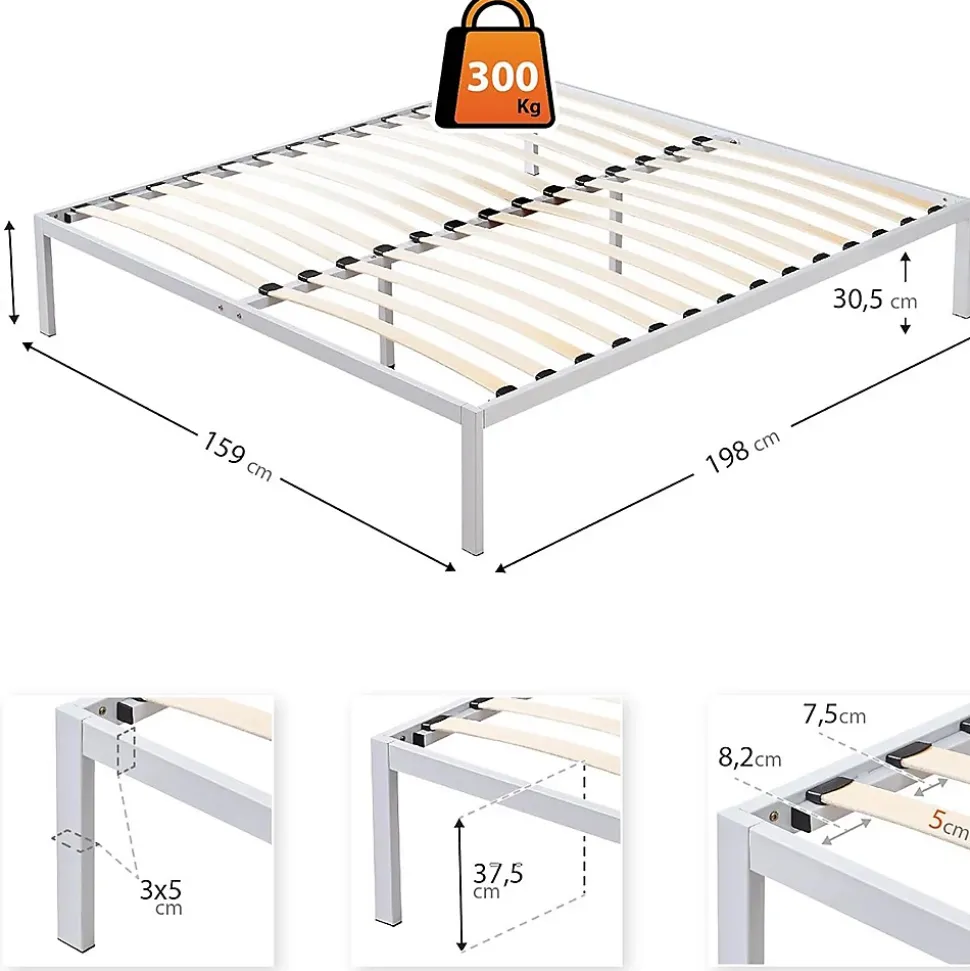 Sommier à Lattes Avec Pieds En Acier Robuste 160x200 Cm Blanc