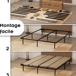 Sommier à Lattes En Acier Avec Bande Stabilisatrice Noir 140x200 Cm Avec Pieds