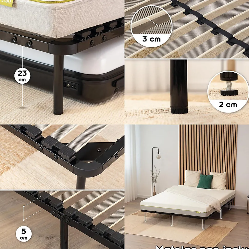 Sommier à Lattes En Acier Avec Bande Stabilisatrice Noir 140x200 Cm Avec Pieds