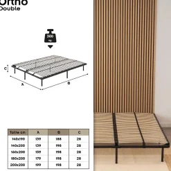 Sommier à Lattes En Acier Avec Bande Stabilisatrice Noir 140x200 Cm Avec Pieds