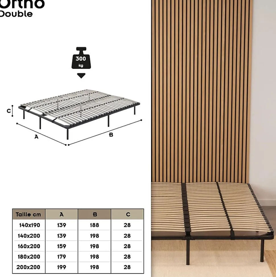 Sommier à Lattes En Acier Avec Bande Stabilisatrice Noir 140x200 Cm Avec Pieds