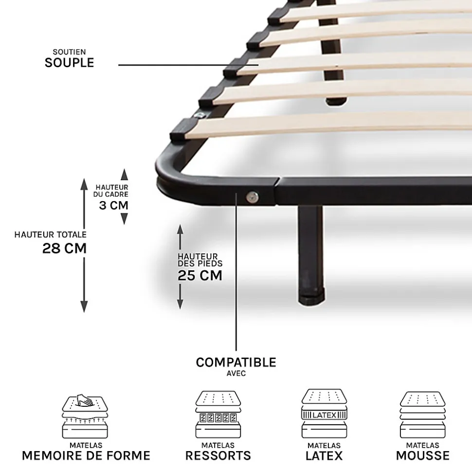 Sommier à lattes en métal Somkit 90x200 cm Coloris Noir Livré en kit