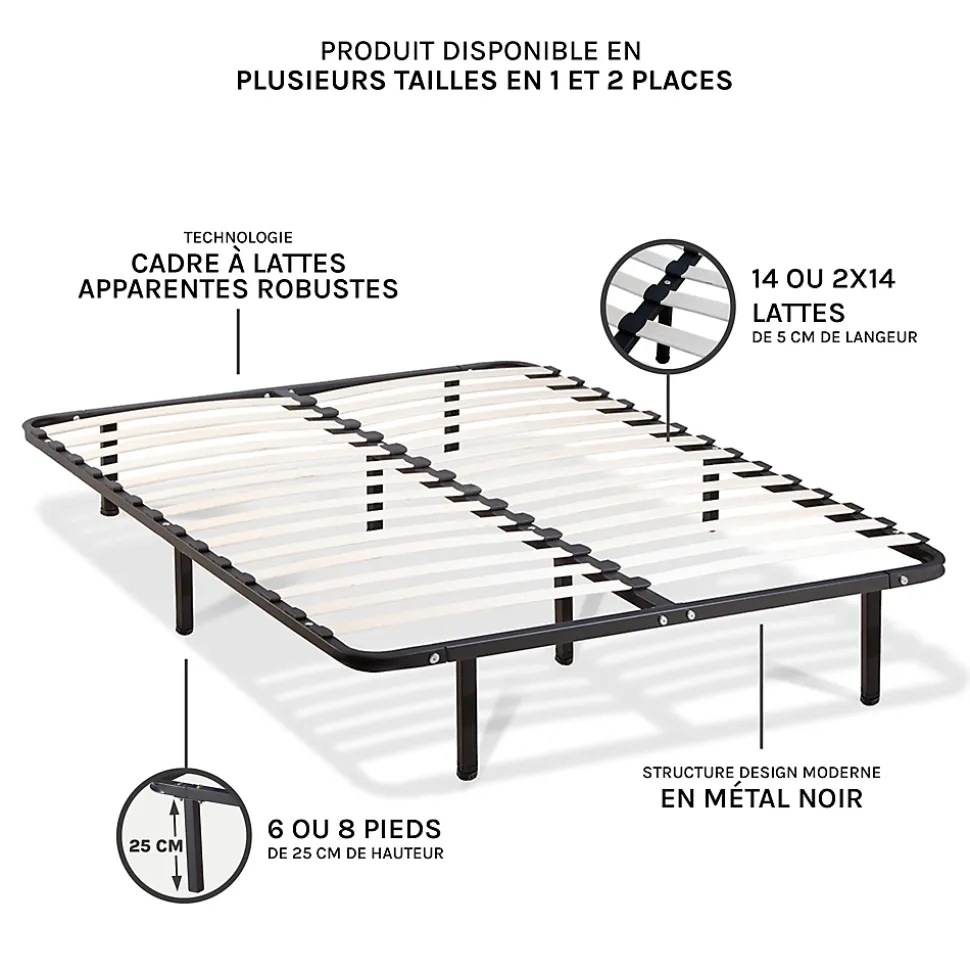 Sommier à lattes en métal Somkit 90x200 cm Coloris Noir Livré en kit