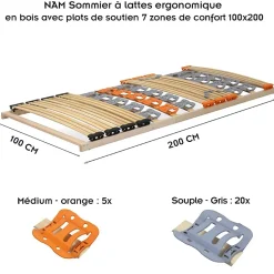 Sommier à Lattes Ergonomique En Bois Avec Plots De Soutien 7 Zones De Confort 100x200 Cm
