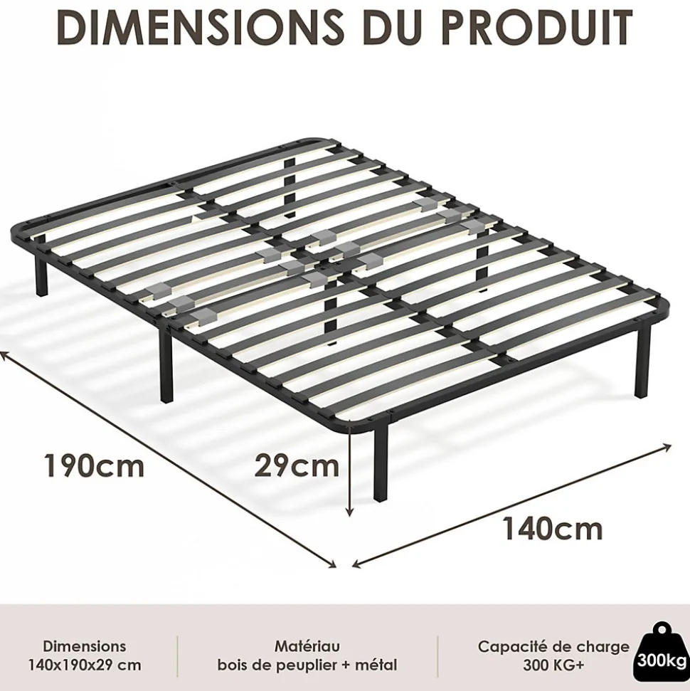 Sommier cadre à lattes 140x190 cm, 2x14 rangs
