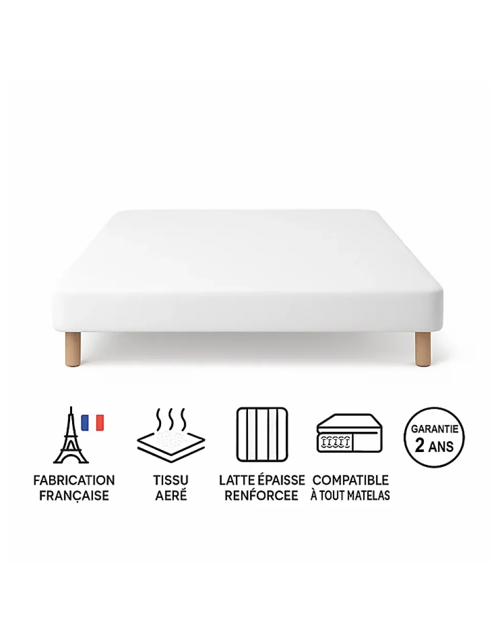 SOMMIER TAPISSIER BLANC 140x200 cm FABRICATION FRANÇAISE ARTISANALE PIEDS OFFERTS HAUTEUR avec PIEDS 27 cm