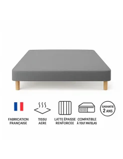 SOMMIER TAPISSIER GRIS 160x200 cm FABRICATION FRANÇAISE ARTISANALE PIEDS OFFERTS HAUTEUR avec PIEDS 27 cm