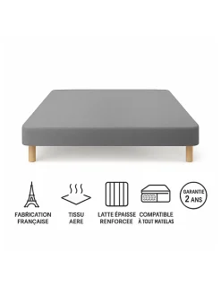 SOMMIER TAPISSIER GRIS 120x190 cm FABRICATION FRANÇAISE ARTISANALE PIEDS OFFERTS HAUTEUR avec PIEDS 27 cm