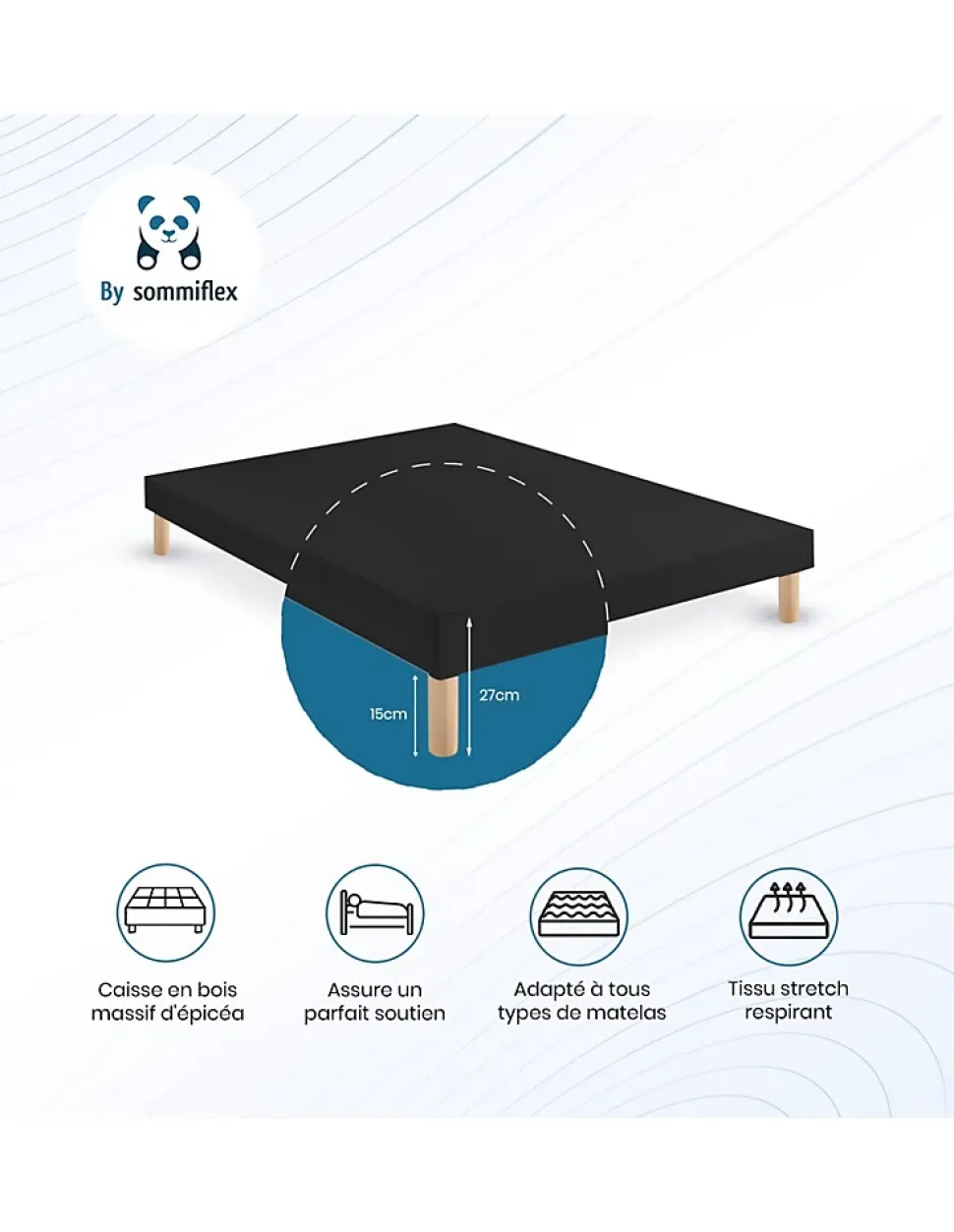 SOMMIER TAPISSIER NOIR 130x190 cm FABRICATION FRANÇAISE ARTISANALE PIEDS OFFER
