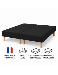 SOMMIER TAPISSIER NOIR 90x200x2 (180x200) FABRICATION FRANÇAISE ARTISANALE PIEDS OFFERTS HAUTEUR avec PIEDS 27 cm