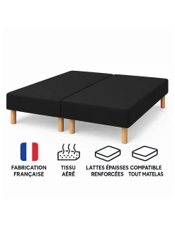 SOMMIER TAPISSIER NOIR 100x200x2 (200x200) FABRICATION FRANÇAISE ARTISANALE PIEDS OFFERTS HAUTEUR avec PIEDS 27 cm