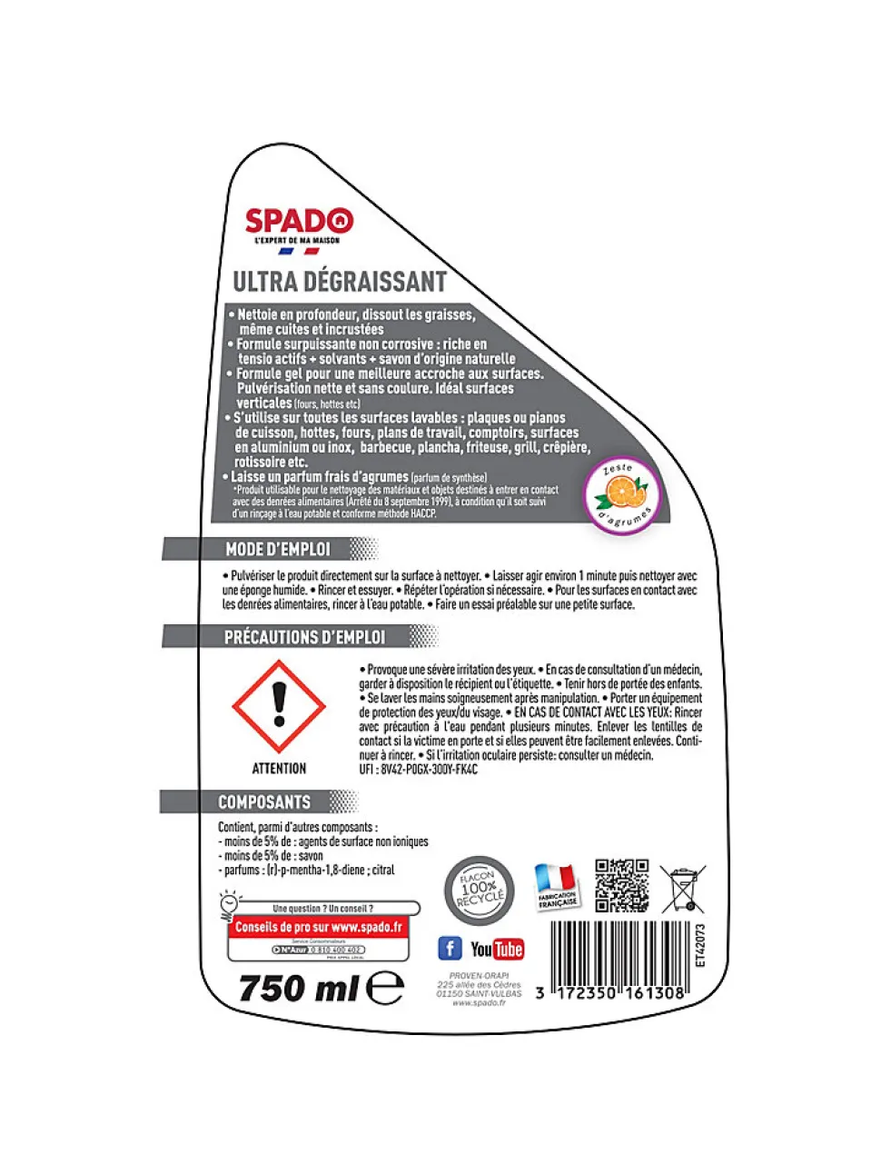 Spray gel nettoyant ultra dégraissant spécial graisses cuites Spado 750ml