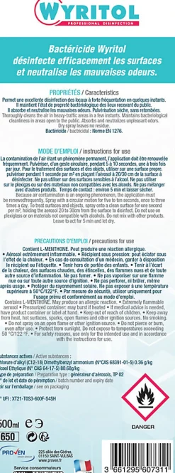 Spray purificateur d'air bactéricide air & surfaces Wyritol 500ml