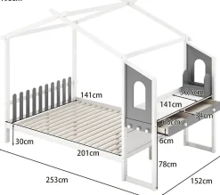 Structure de Lit 200x140CM avec Bureau Étude sur le Côté et 2 Tiroirs Aucun Sommier Nécessaire 253X102X193CM Blanc