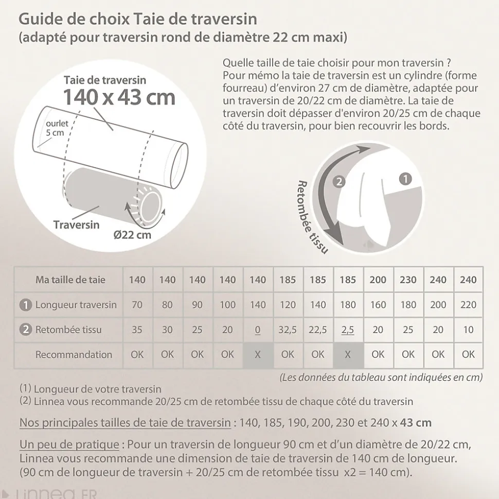 Taie de traversin uni 140x43 cm coton ALTO Calcium