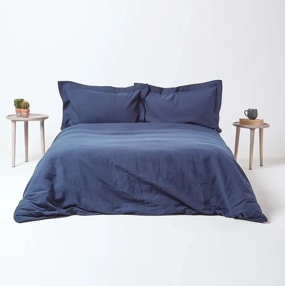 Taie d'oreiller à volants bleu marine en lin lavé, 50x75 cm - HOMESCAPES