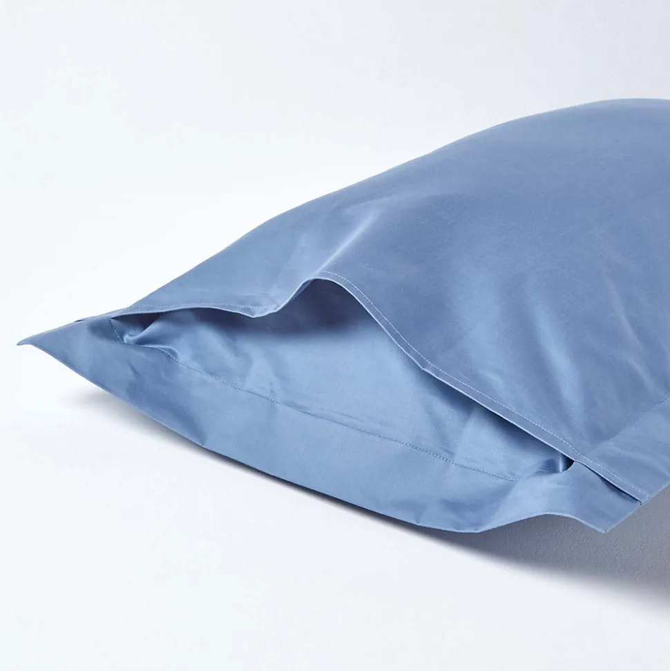 Taie d'oreiller à volants bleu en satin de coton égyptien 1000 fils, 50x75 cm - HOMESCAPES