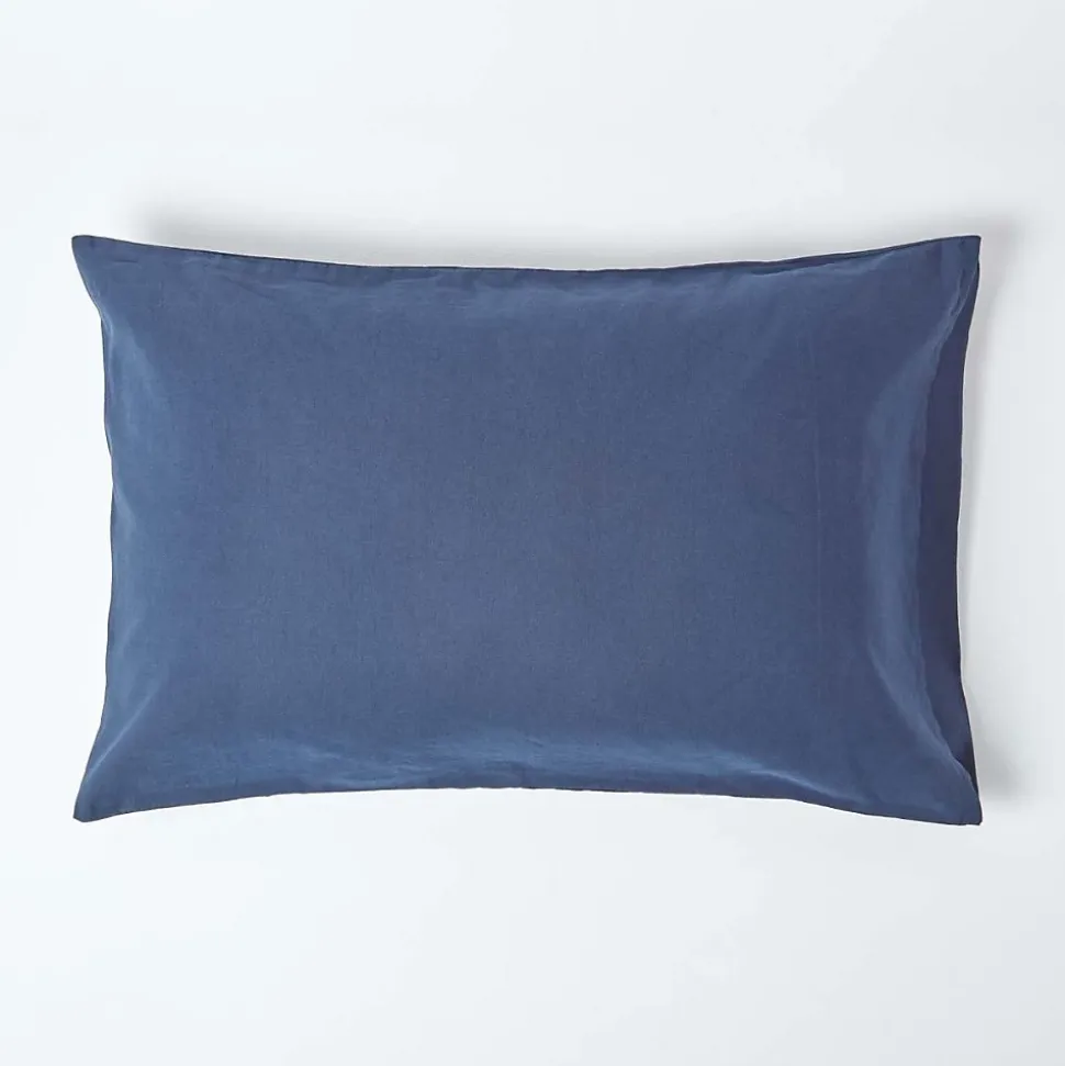 Taie d'oreiller bleu marine en lin lavé, 50x90 cm - HOMESCAPES