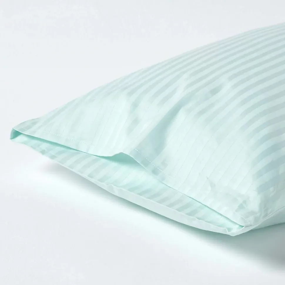 Taie d'oreiller bleu satin rayé en coton égyptien 330 fils, 50x75 cm - HOMESCAPES