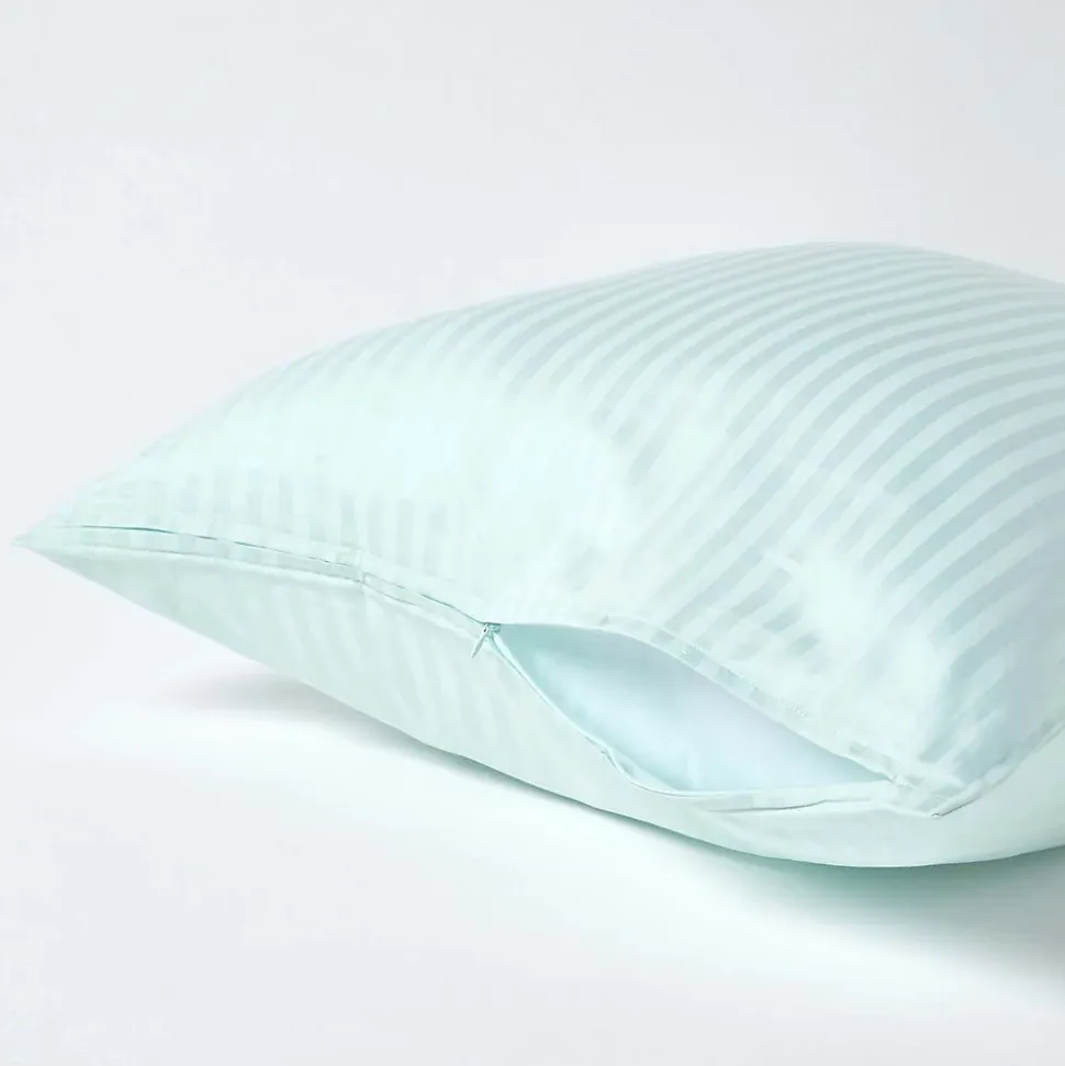 Taie d'oreiller bleu satin rayé en coton égyptien 330 fils, 60x60 cm - HOMESCAPES