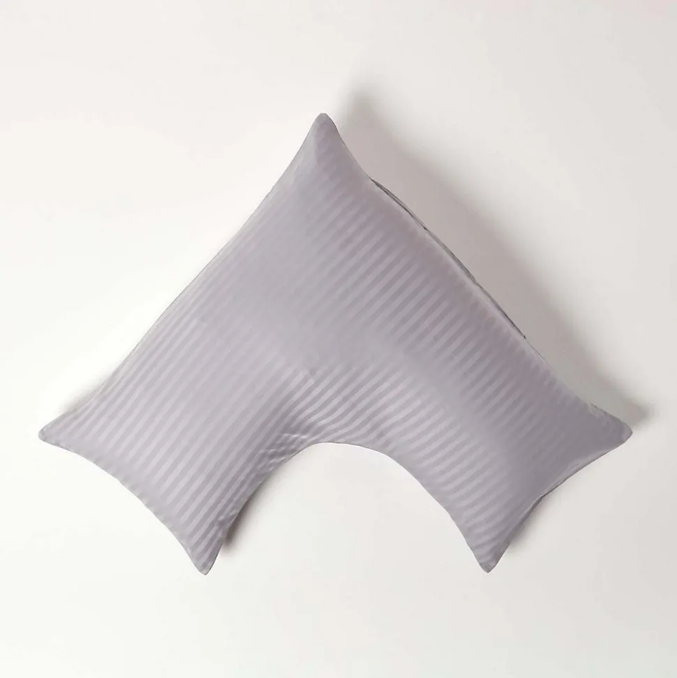 Taie d'oreiller cervical gris satin rayé en coton égyptien 330 fils - HOMESCAPES