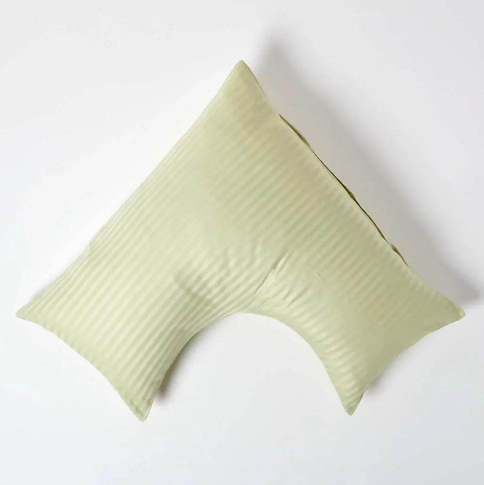 Taie d'oreiller cervical vert sauge satin rayé en coton égyptien 330 fils - HOMESCAPES