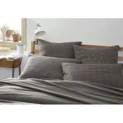 Taie d'oreiller Tissé-teint grands carreaux Déco "Gaïa Match" 60 x 60 cm & 50 x 70 cm "Gaze de Coton" - Gaïa Match Granit - 60 x 6