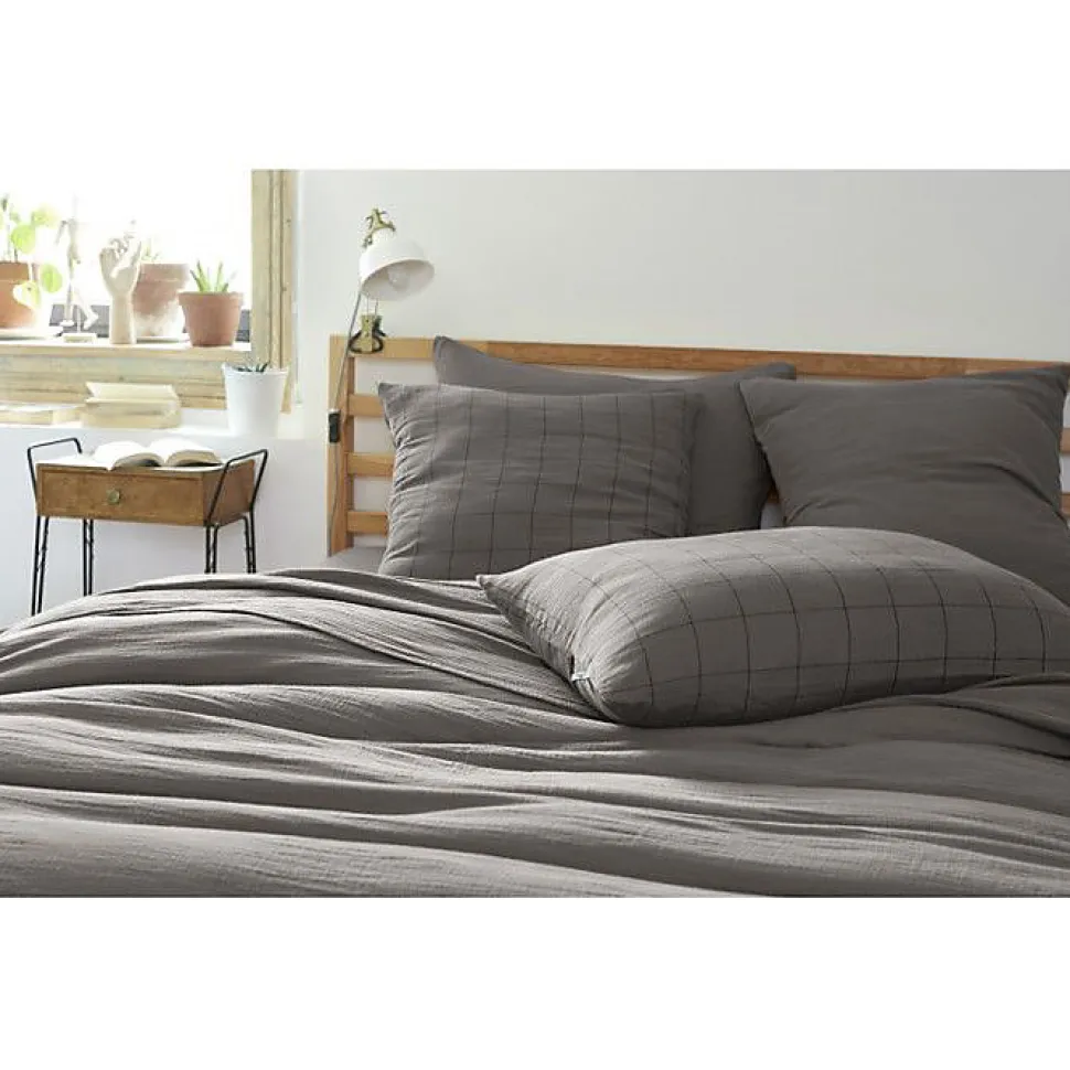 Taie d'oreiller Tissé-teint grands carreaux Déco "Gaïa Match" 60 x 60 cm & 50 x 70 cm "Gaze de Coton" - Gaïa Match Granit - 60 x 6